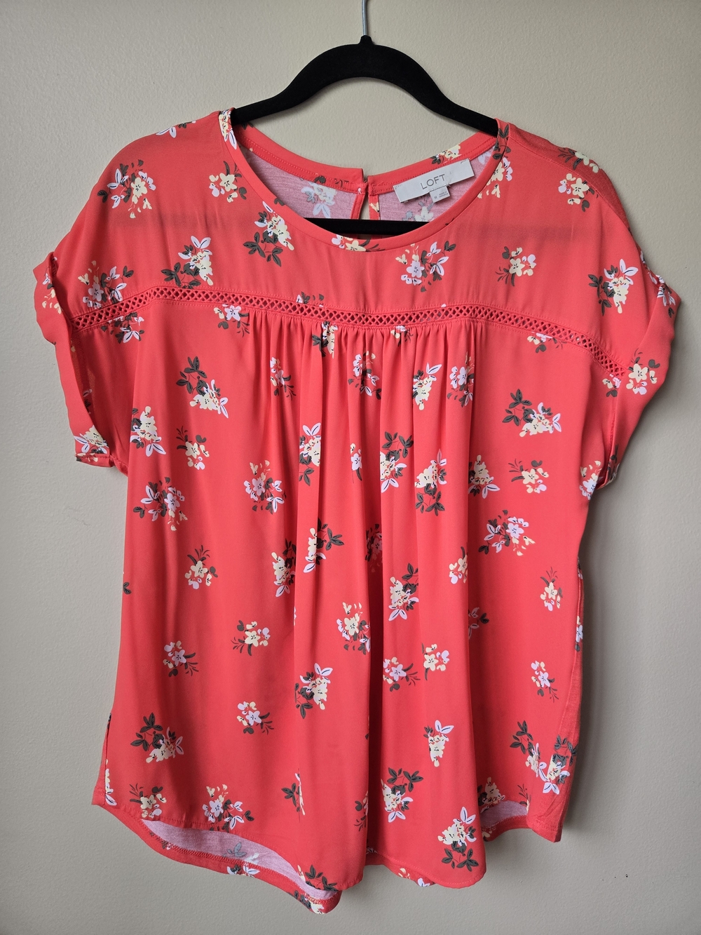 LOFT Coral Pink Floral Crochet-Trim Blouse